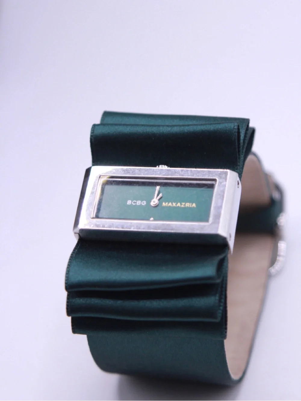 BCBGMaxAzria Emerald Green Satin Bow Watch with Rectangular Face